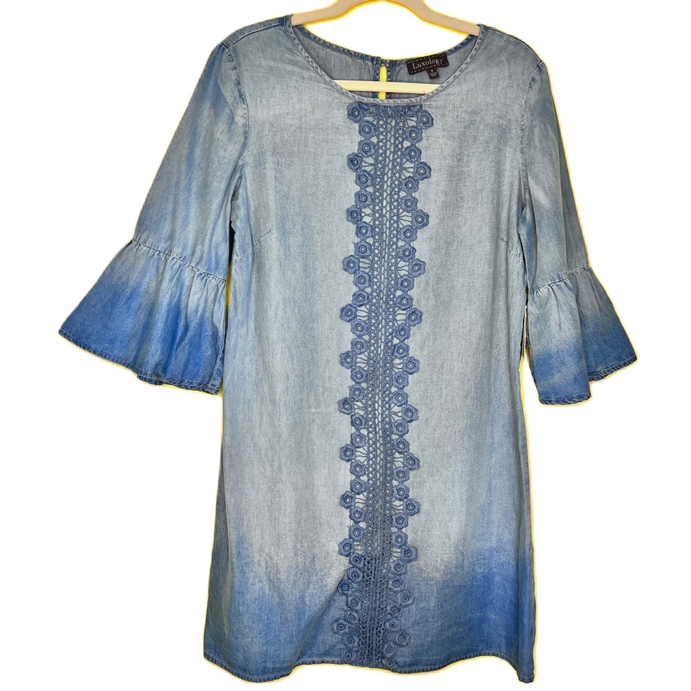 Ombre Chambray Crochet Embroidery Dress Size 8โ Bell Sleeves New
